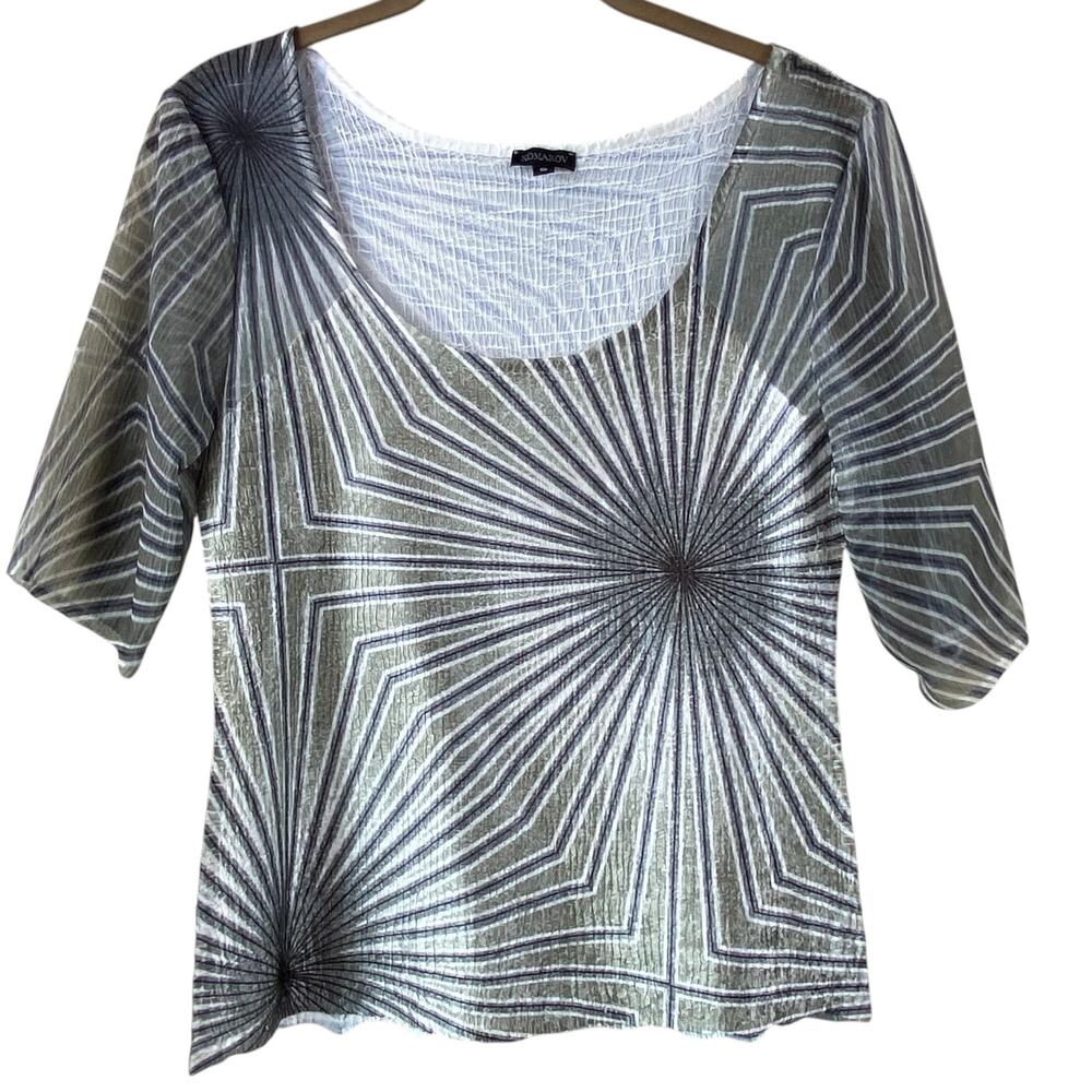 Komarov Plise Tunic Top Blouse Size S Art To Wear Gray Sheer Sleeves